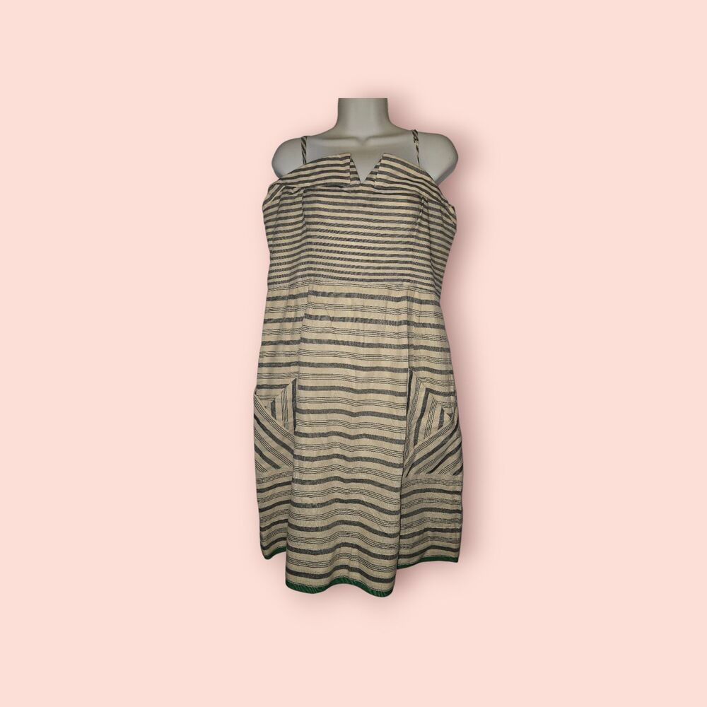 Anthropologie Maeve Changing Stripes Dress Cream Blue Green Midi Size 12 Chic